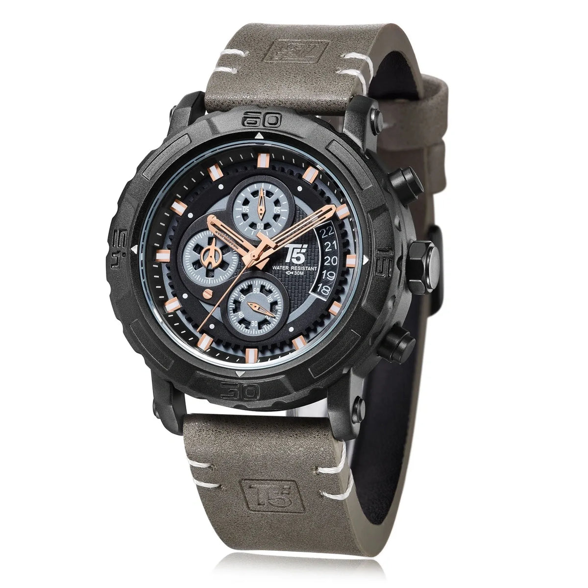 T5 H3590G-B Leather Round Analog Watch for Men - Grey