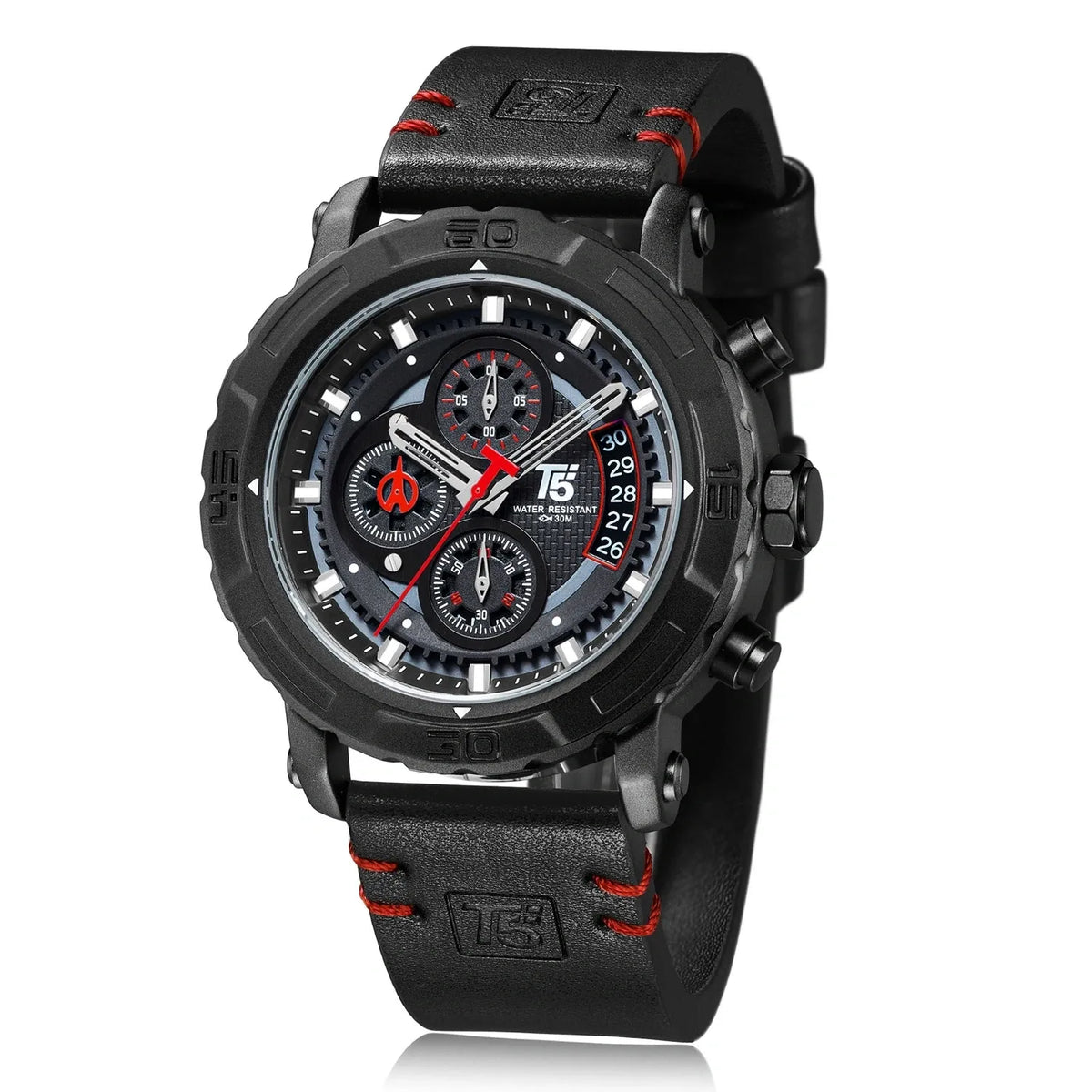 T5 Black Leather Strap Black Dial Chronograph Quartz Watch for Gents - H3590G-D