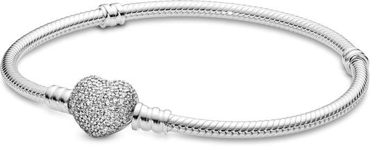 PANDORA Jewelry Moments Sparkling Heart Clasp Snake Chain Charm Cubic Zirconia Bracelet in Sterling Silver,