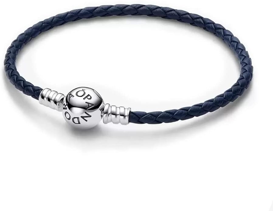Pandora Moments Round Clasp Blue Braided Leather Bracelet
