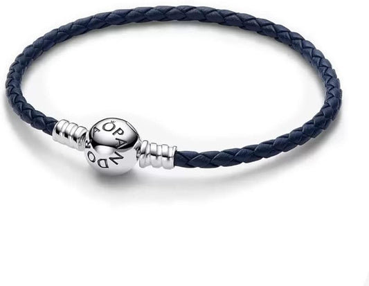 Pandora Moments Round Clasp Blue Braided Leather Bracelet