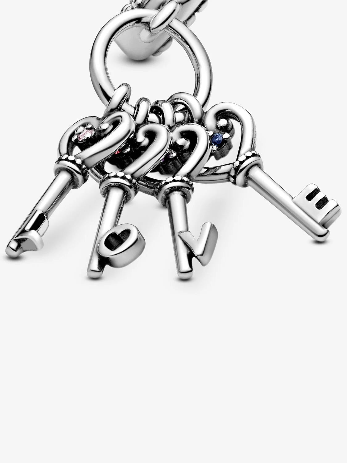 Pandora Love keys silver dangle with pink mist, royal purple, royal blue crystal and red cubic zirconia