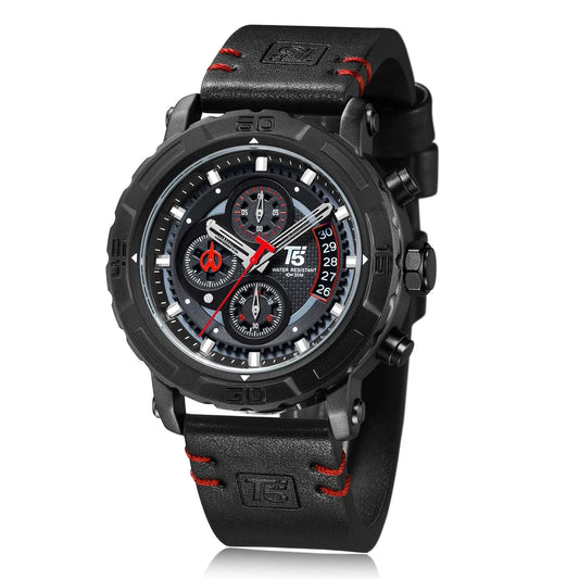T5 Black Leather Strap Black Dial Chronograph Quartz Watch for Gents - H3590G-D