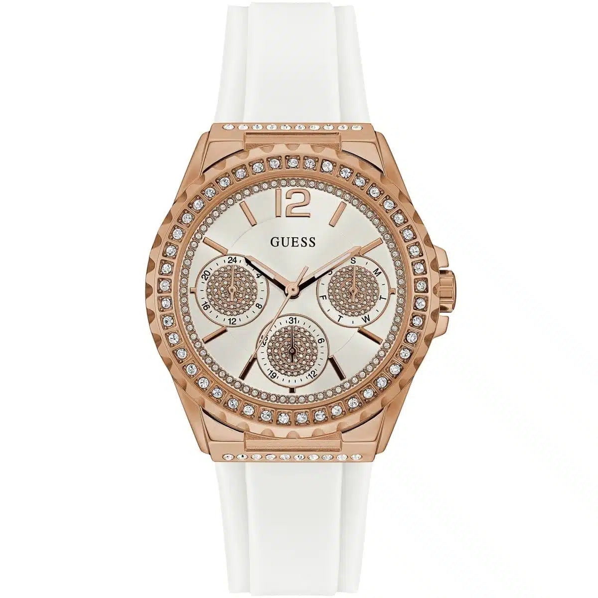 Guess W0846L5 Starlight Diamonds White Dial White Rubber Strap Watch for Women